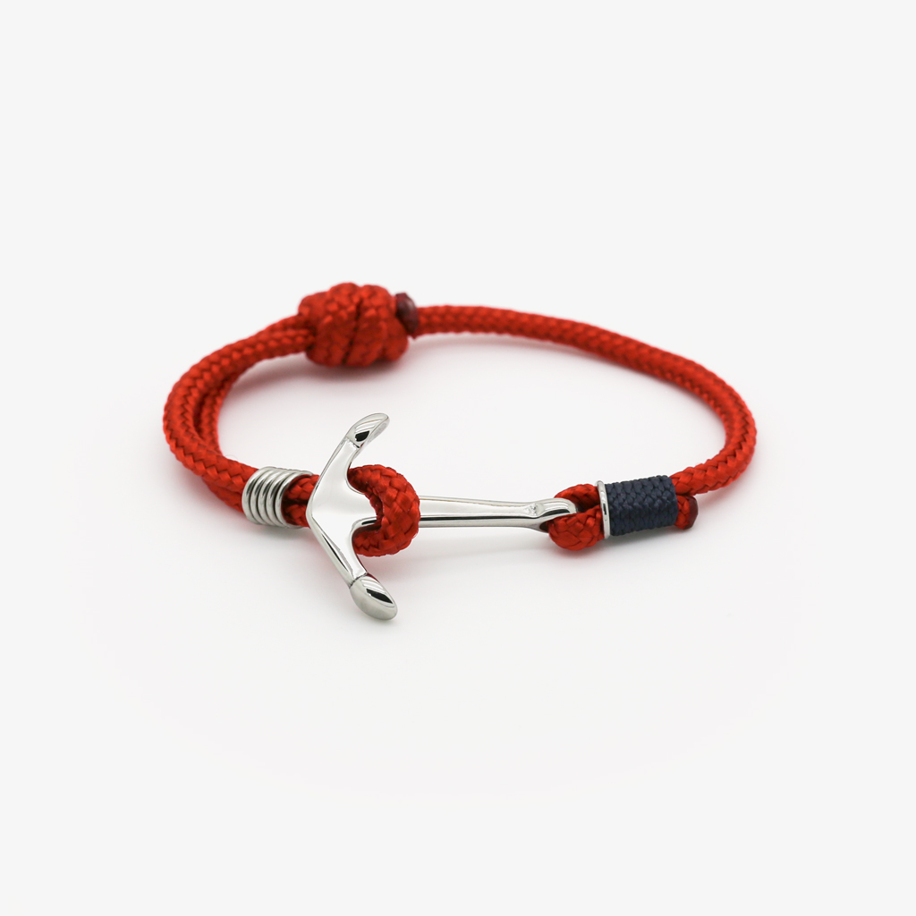 Bracelet enfant en corde rouge avec attache ancre marine, vue produit sur fond blanc, Monzémaré