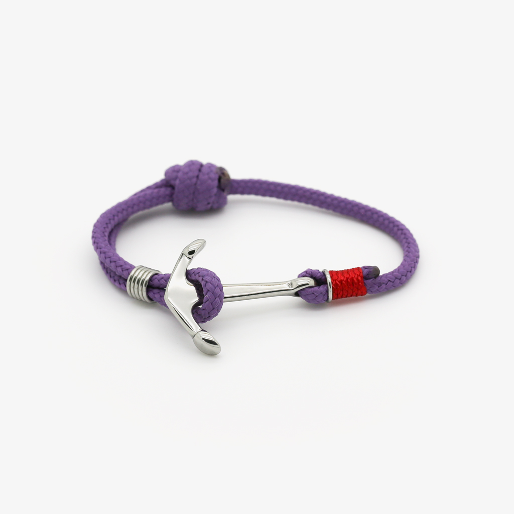 Bracelet enfant en corde violet avec attache ancre marine, vue produit sur fond blanc, Monzémaré