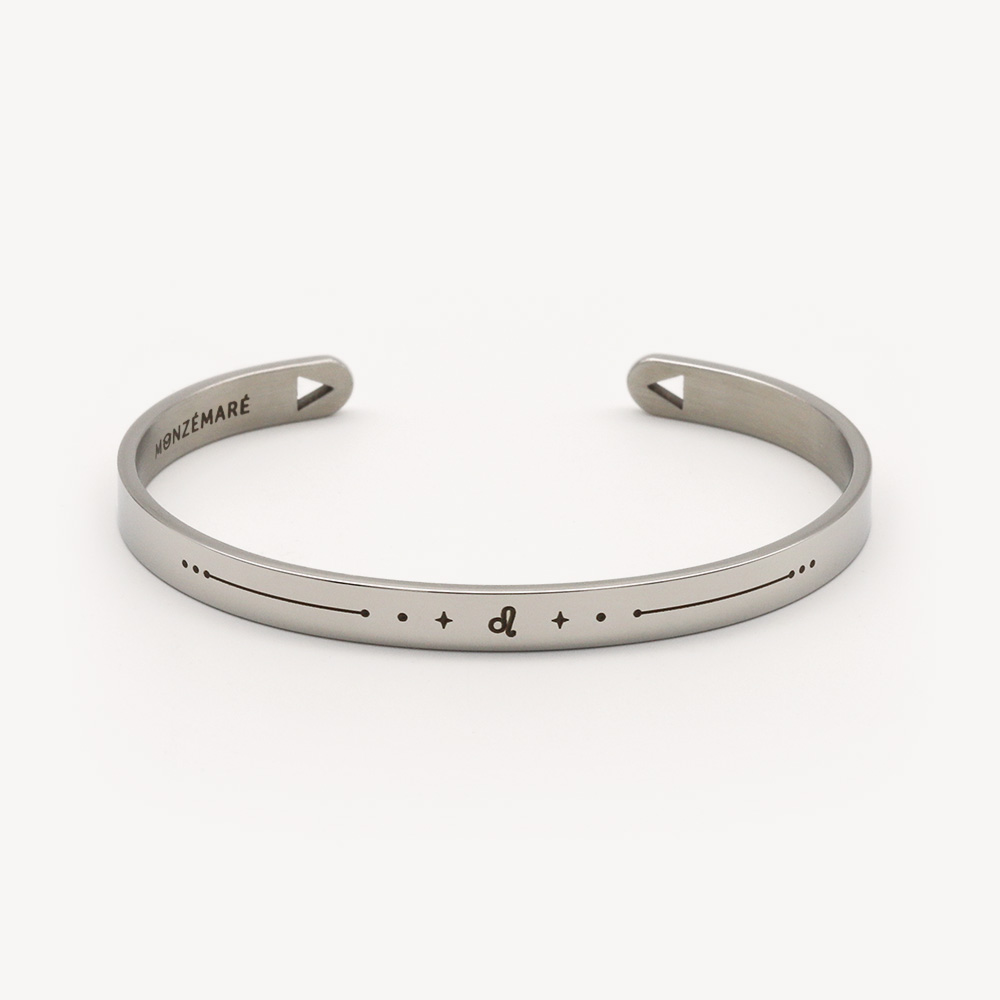 Bracelet jonc argenté pour homme en acier, avec le signe du zodiaque Lion – Monzémaré
