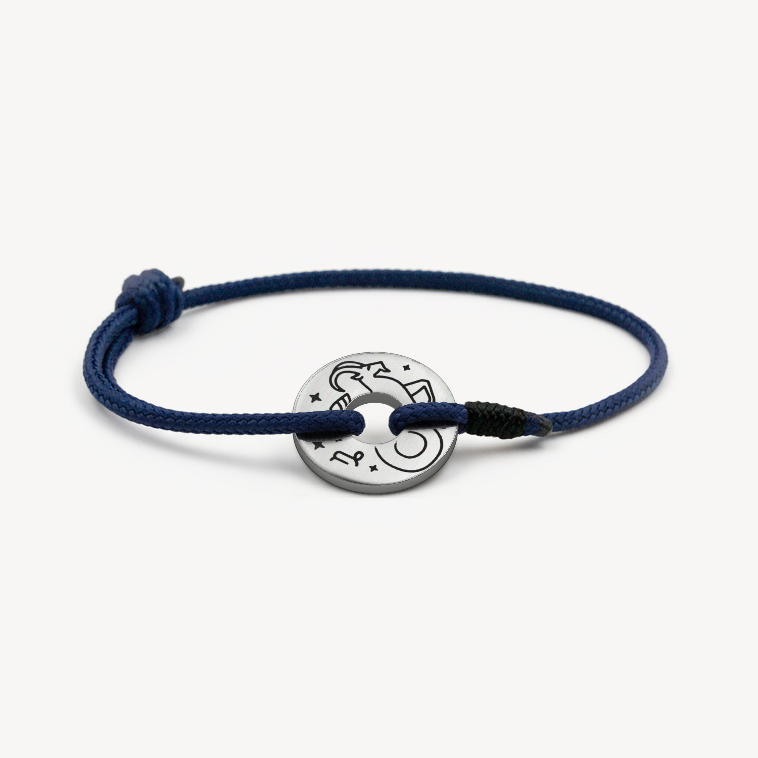 Bracelet cordon homme signe Capricorne avec anneau en acier argenté gravé, paracorde bleu marine, Monzémaré