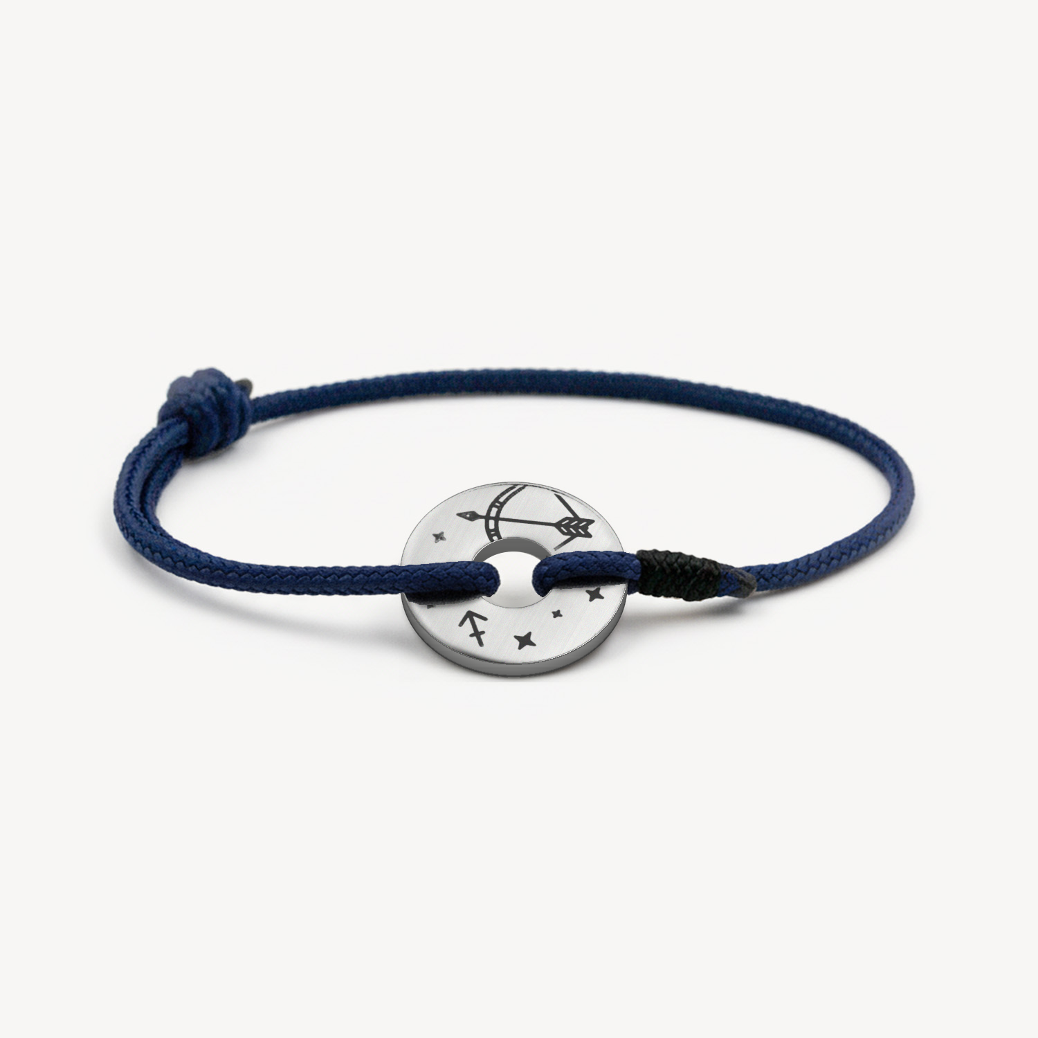 Bracelet cordon homme signe Sagittaire avec anneau en acier argenté gravé, paracorde bleu marine, Monzémaré